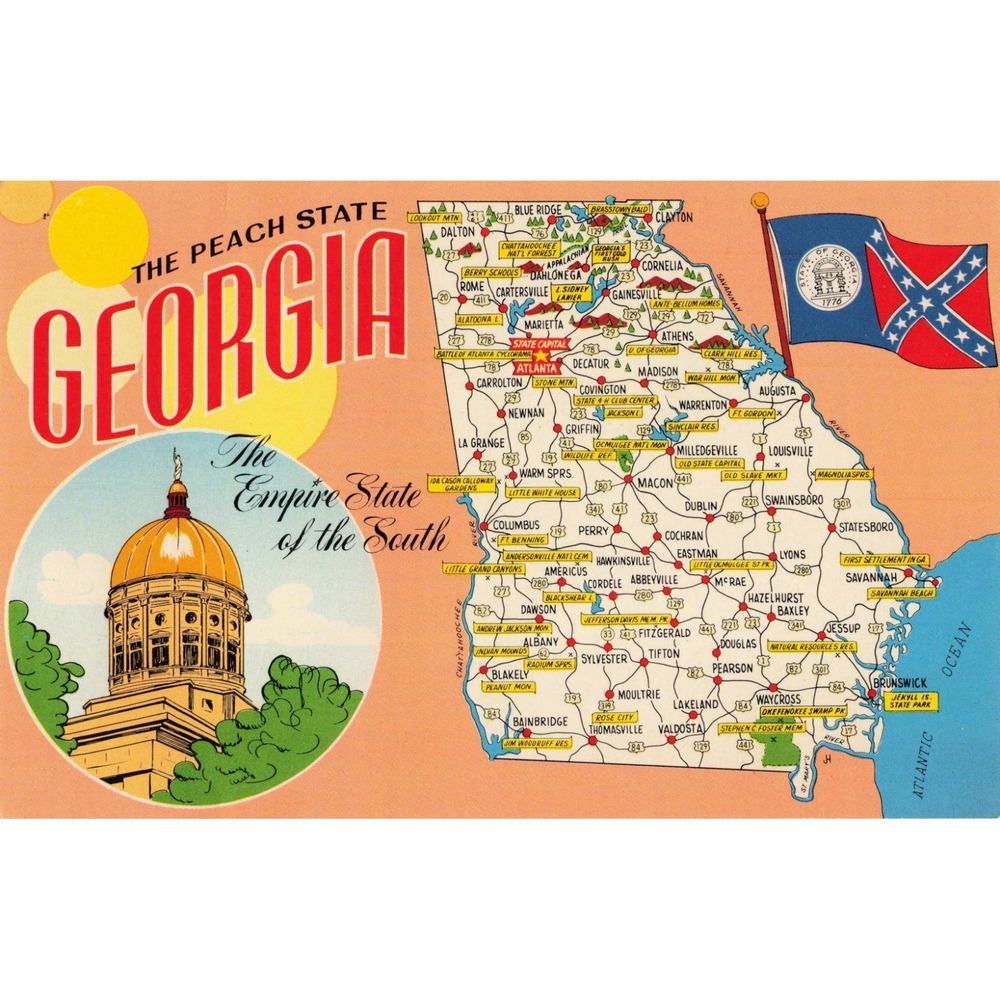 Vintage Georgia The Peach State Mapcard Series Postcard Mirro-Krome HSC-335 VG+